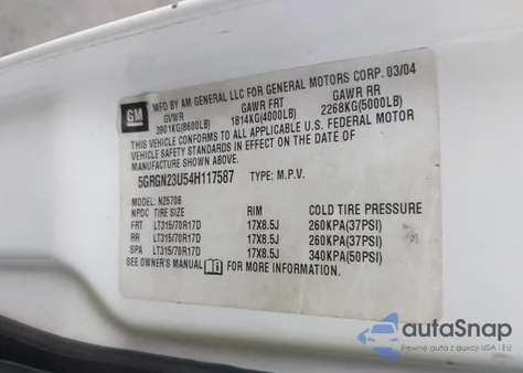 2004 Hummer H2 из США, поврежденный, VIN 5GRGN23U54H117587